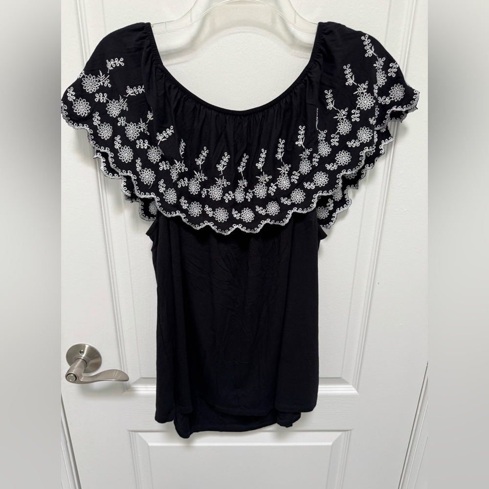 Adrianna Papell Off - Shoulder Embroidered Black & White sleeveless Top, Size XL